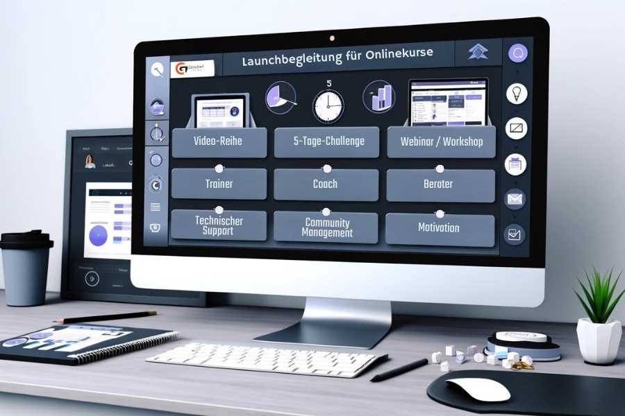 E-Mail-Marketing: Ein moderner Computerarbeitsplatz mit zwei Bildschirmen, die ein virtuelles Interface zur Launchbegleitung für Onlinekurse zeigen, inklusive Elementen wie Video-Reihe, 5-Tage-Challenge, Webinar/Workshop, und Bereiche für Trainer, Coaches, Berater, technischen Support, Community Management und Motivation.