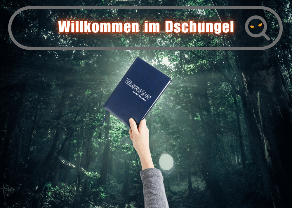 Eine Hand hält ein Buch mit der Aufschrift "Wegweiser" hoch, vor dem Hintergrund eines dichten Waldes mit dem Text "Willkommen im Dschungel".