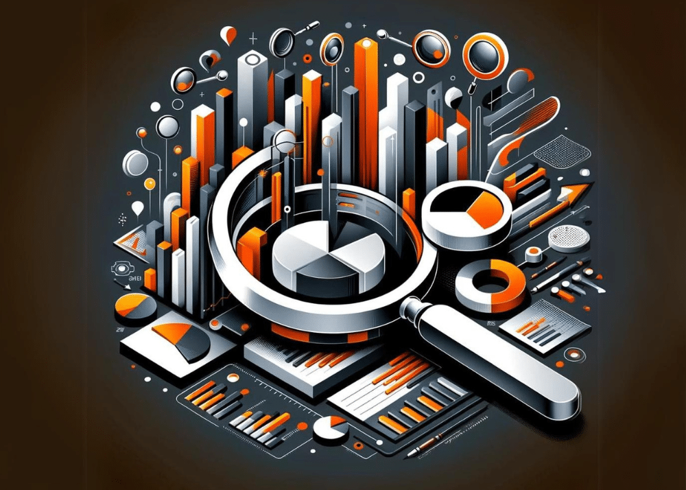 Abstraktes, isometrisches 3D-Design mit bunten Balkendiagrammen, Kreisdiagrammen und Datenvisualisierungselementen in Orange, Grau und Weiß.